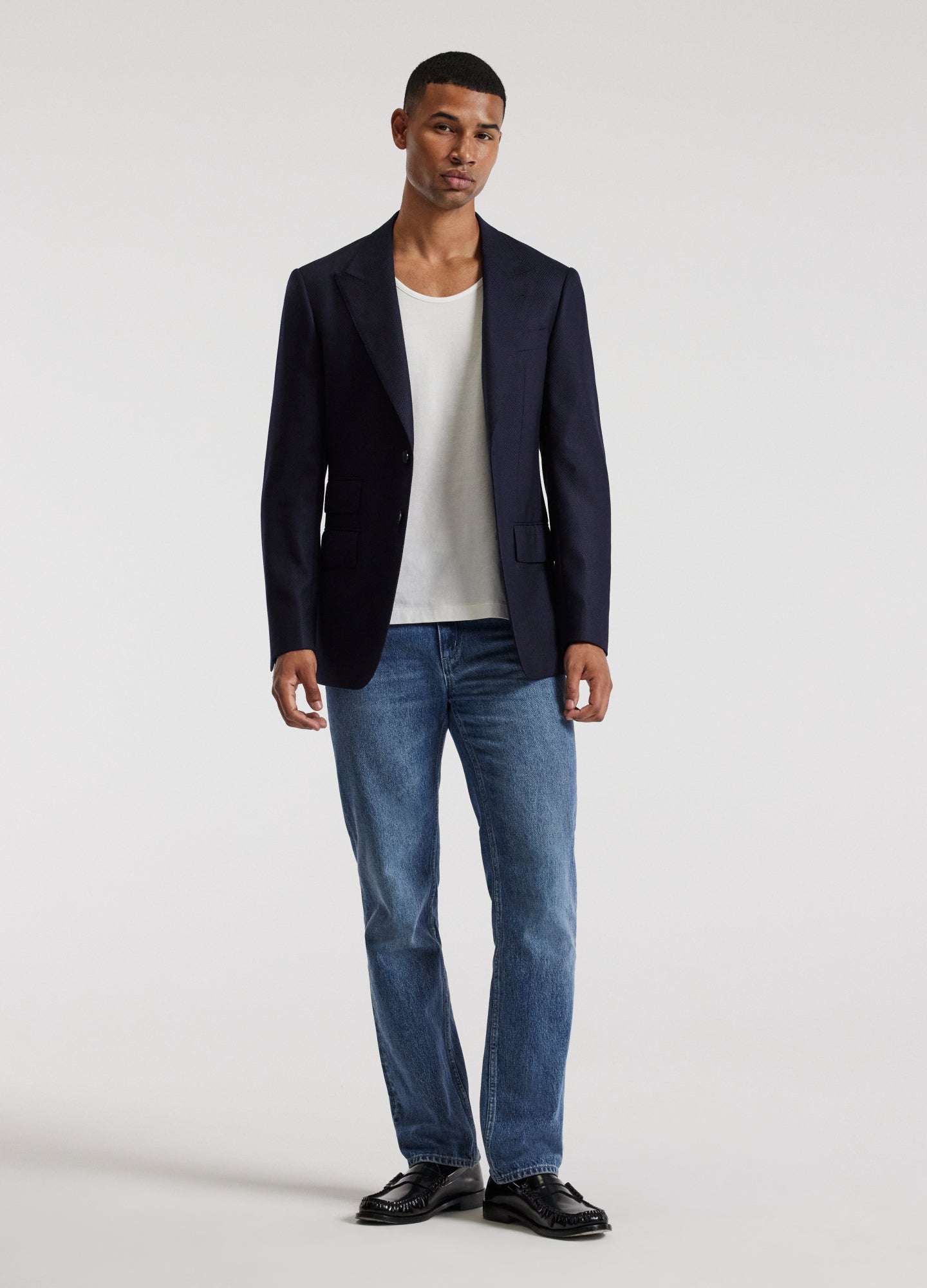 Wool Cashmere Textured Blazer Navy