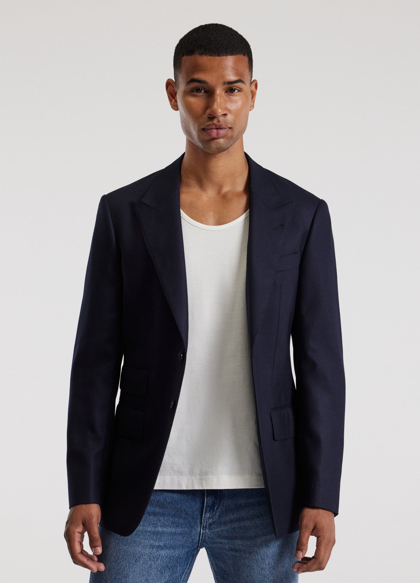 Wool Cashmere Textured Blazer Navy