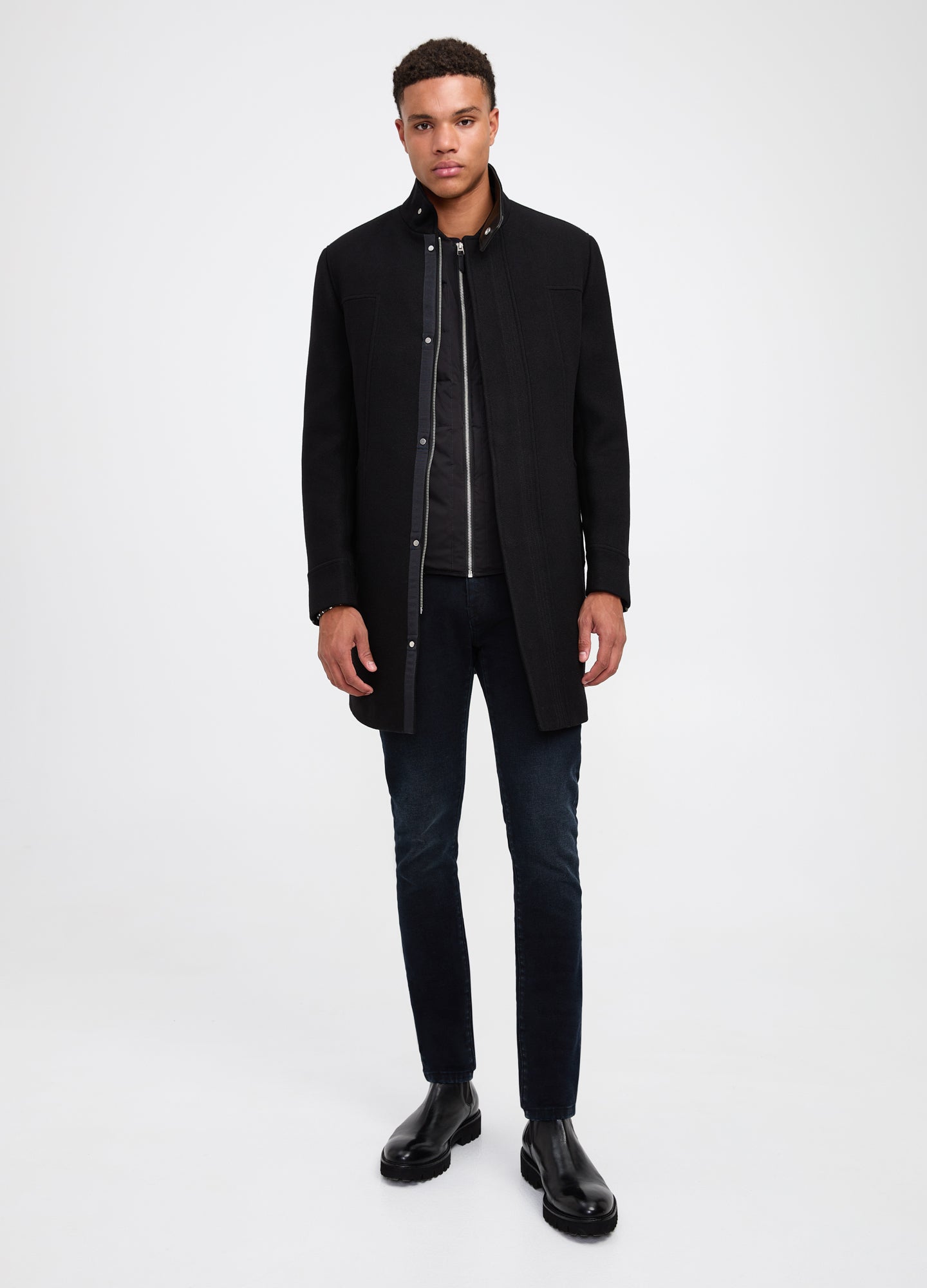 Leather Trim Melton Coat Black
