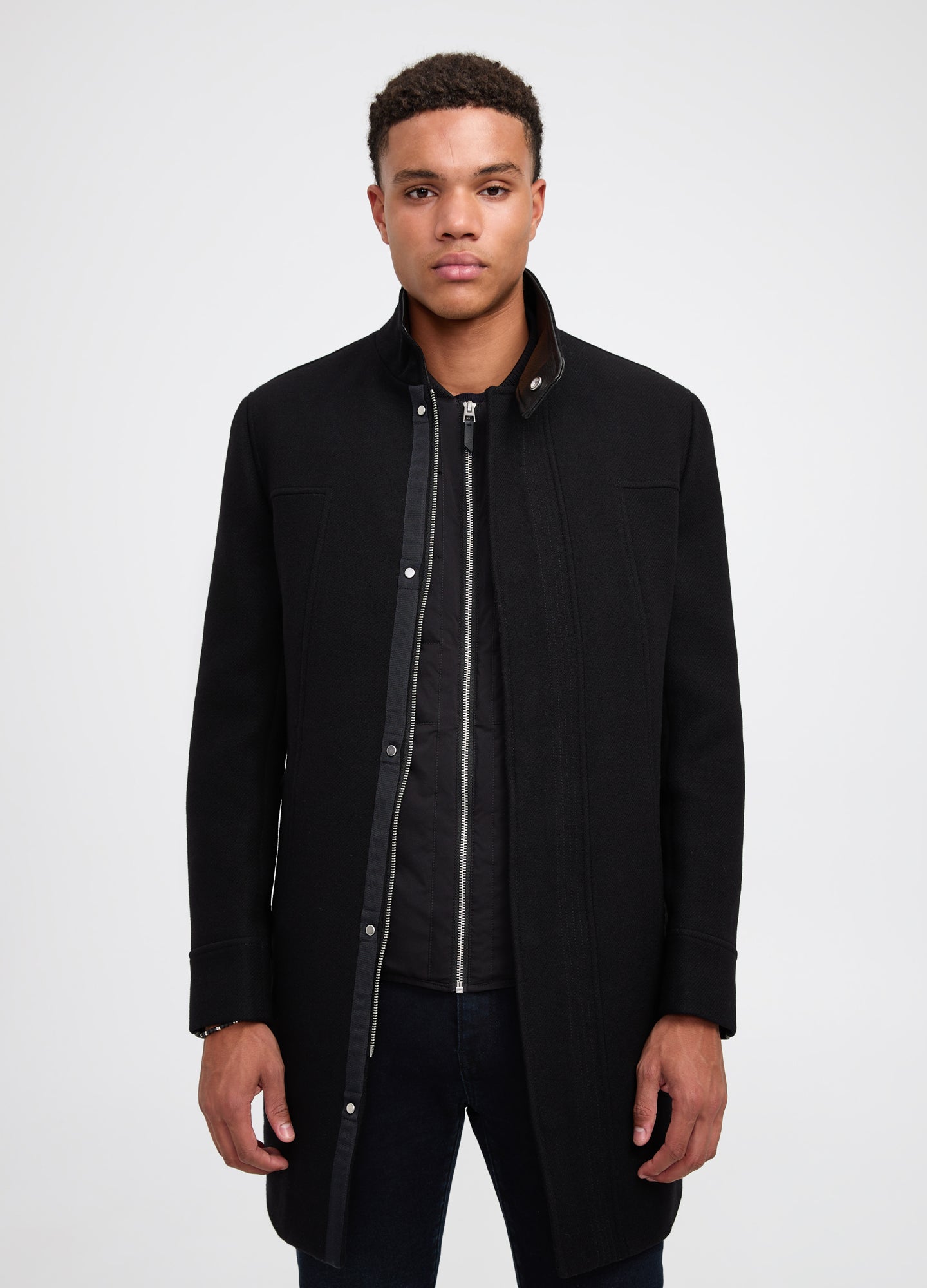 Leather Trim Melton Coat Black