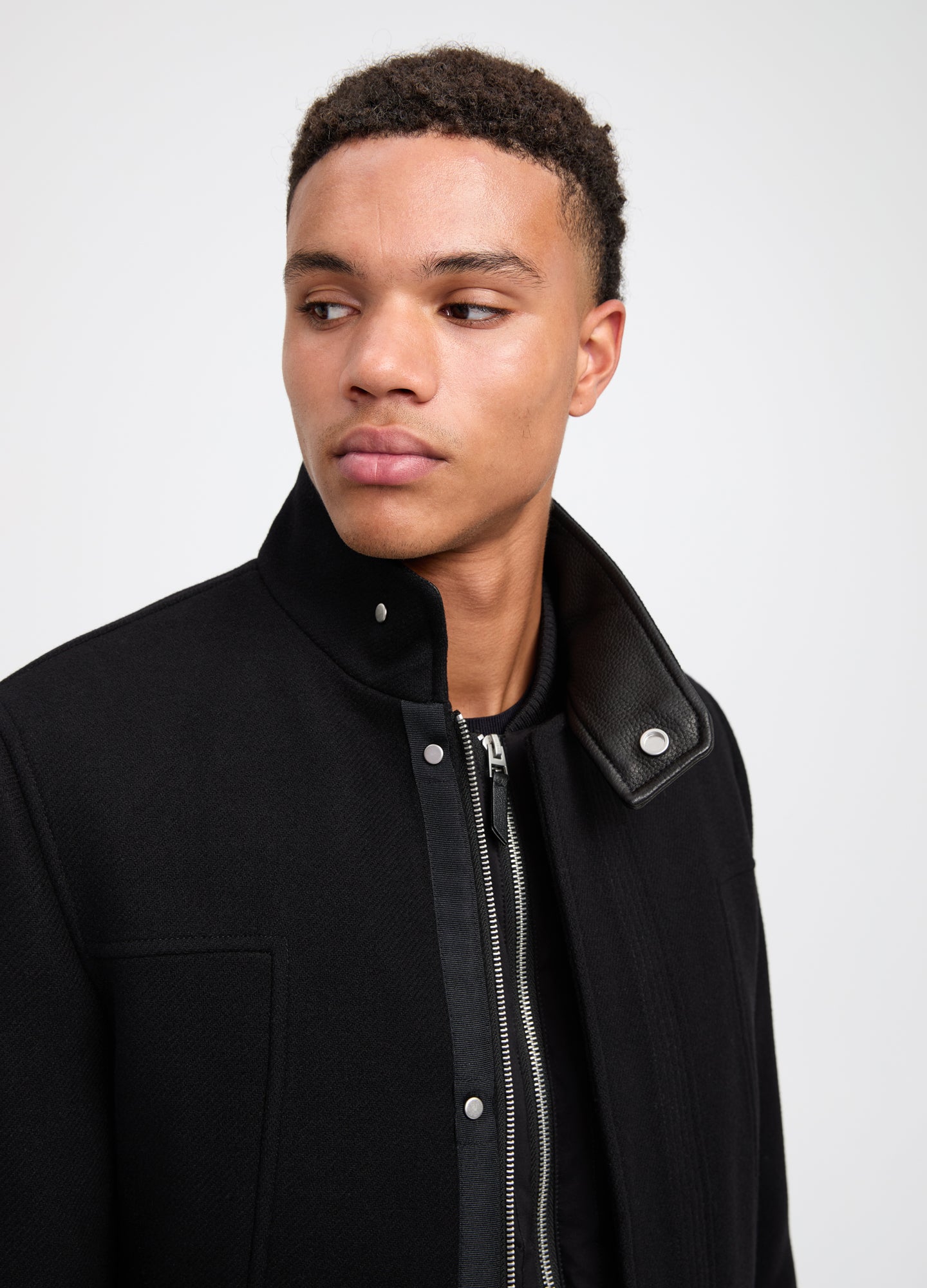 Leather Trim Melton Coat Black