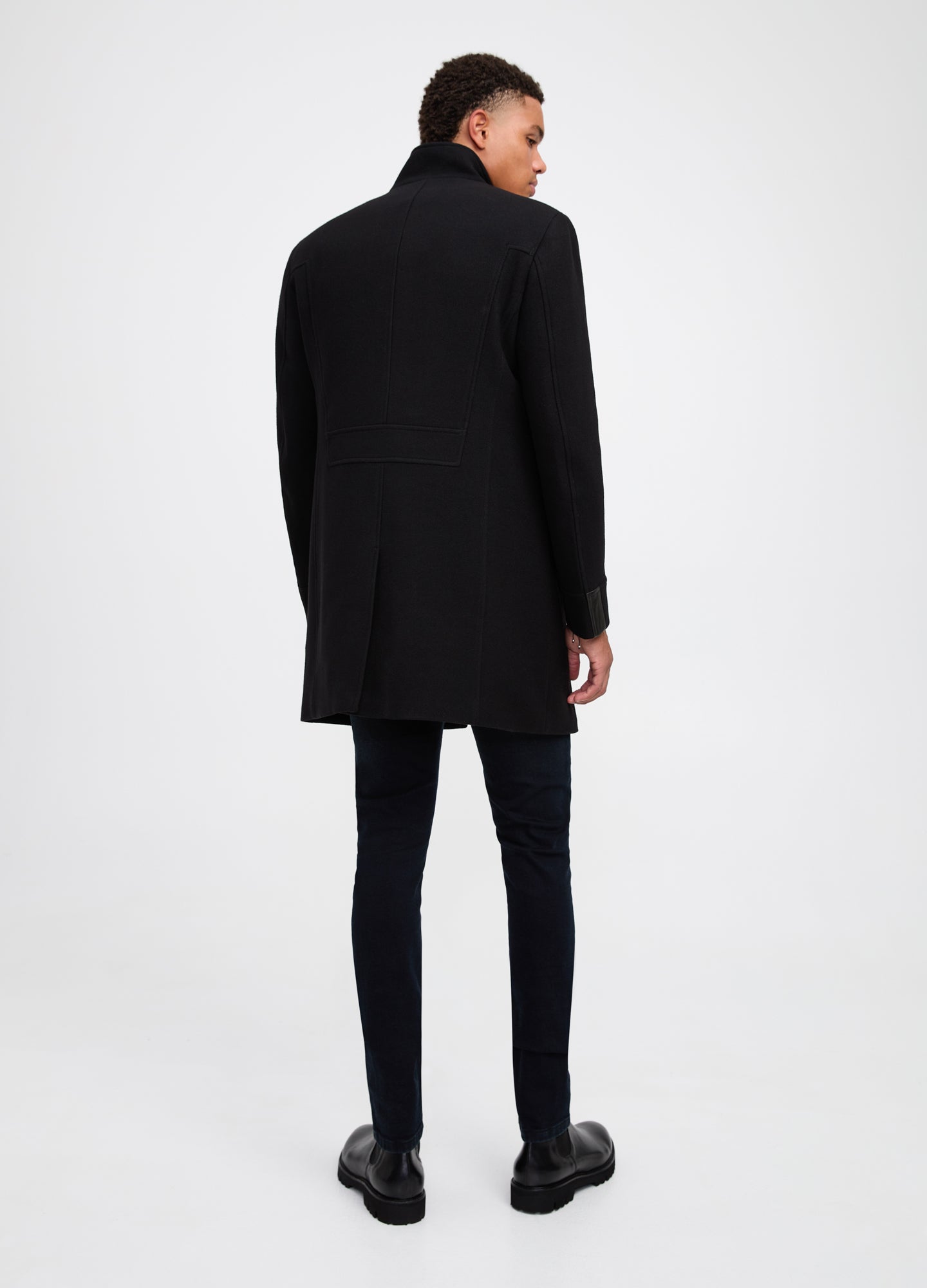 Leather Trim Melton Coat Black