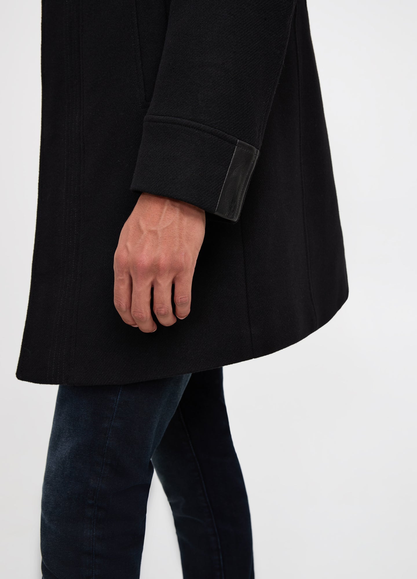 Leather Trim Melton Coat Black