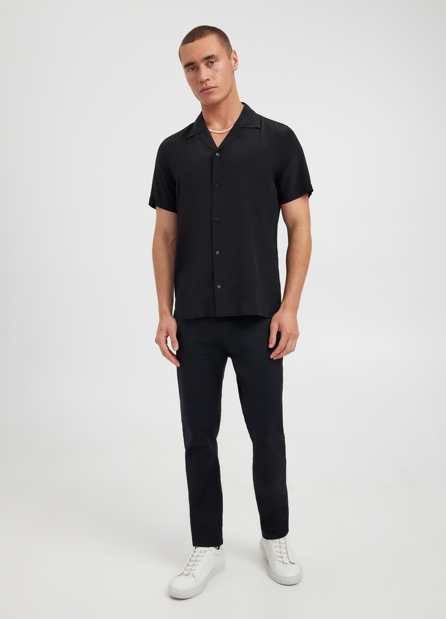 Camp Collar Silk Short Sleeve Shirt Black