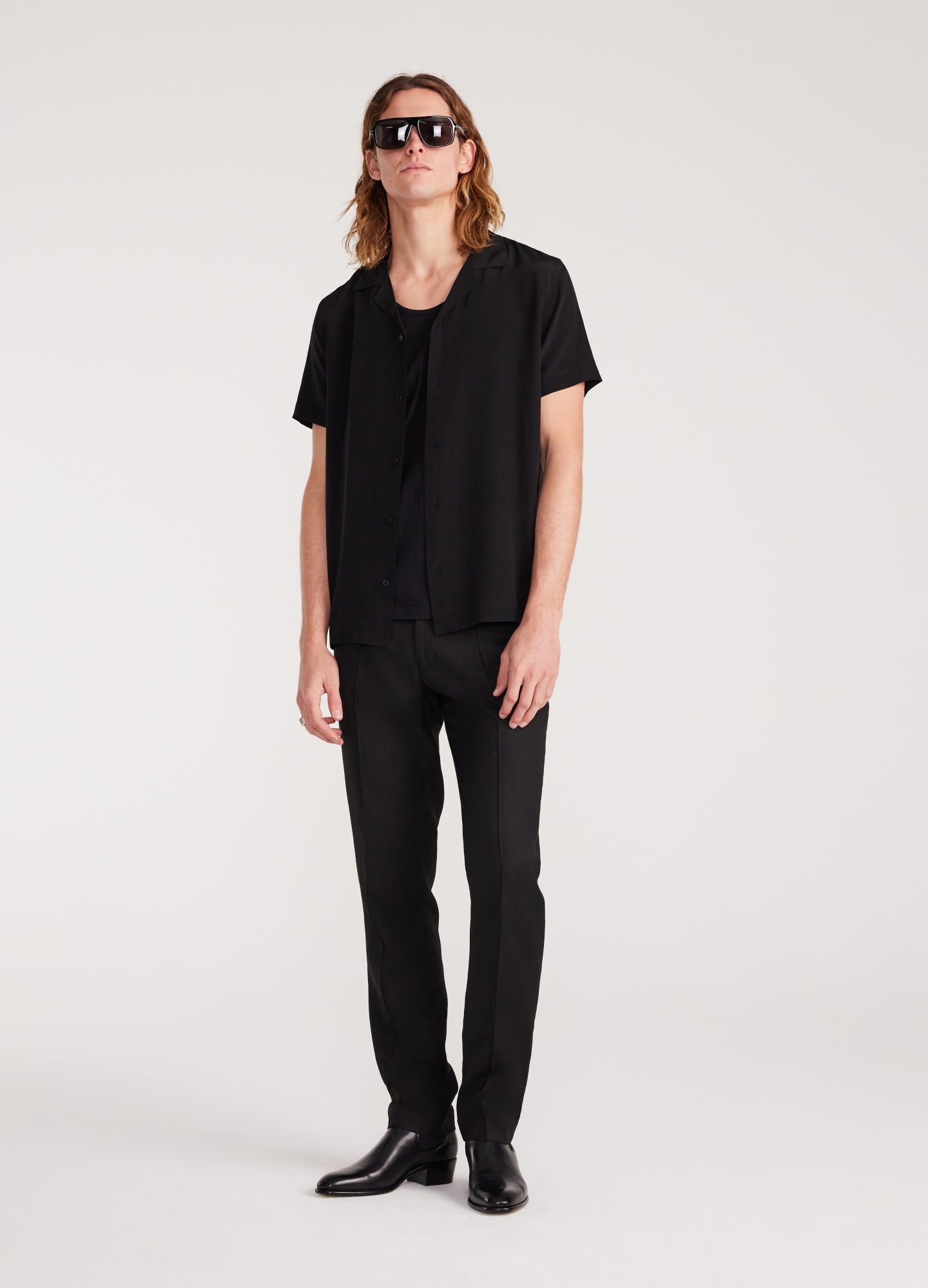 Camp Collar Silk Short Sleeve Shirt Black