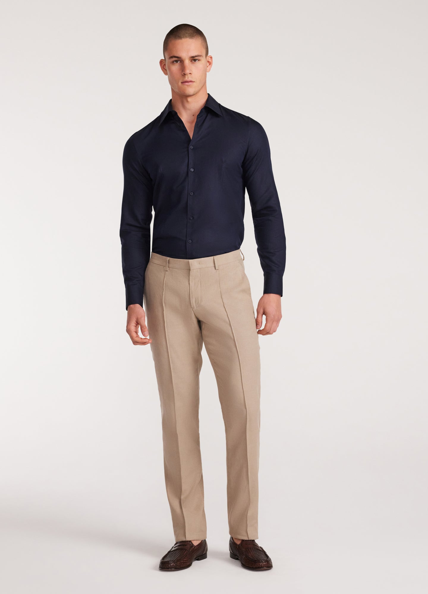 Camicia in cotone e lino con impunture Blu scuro