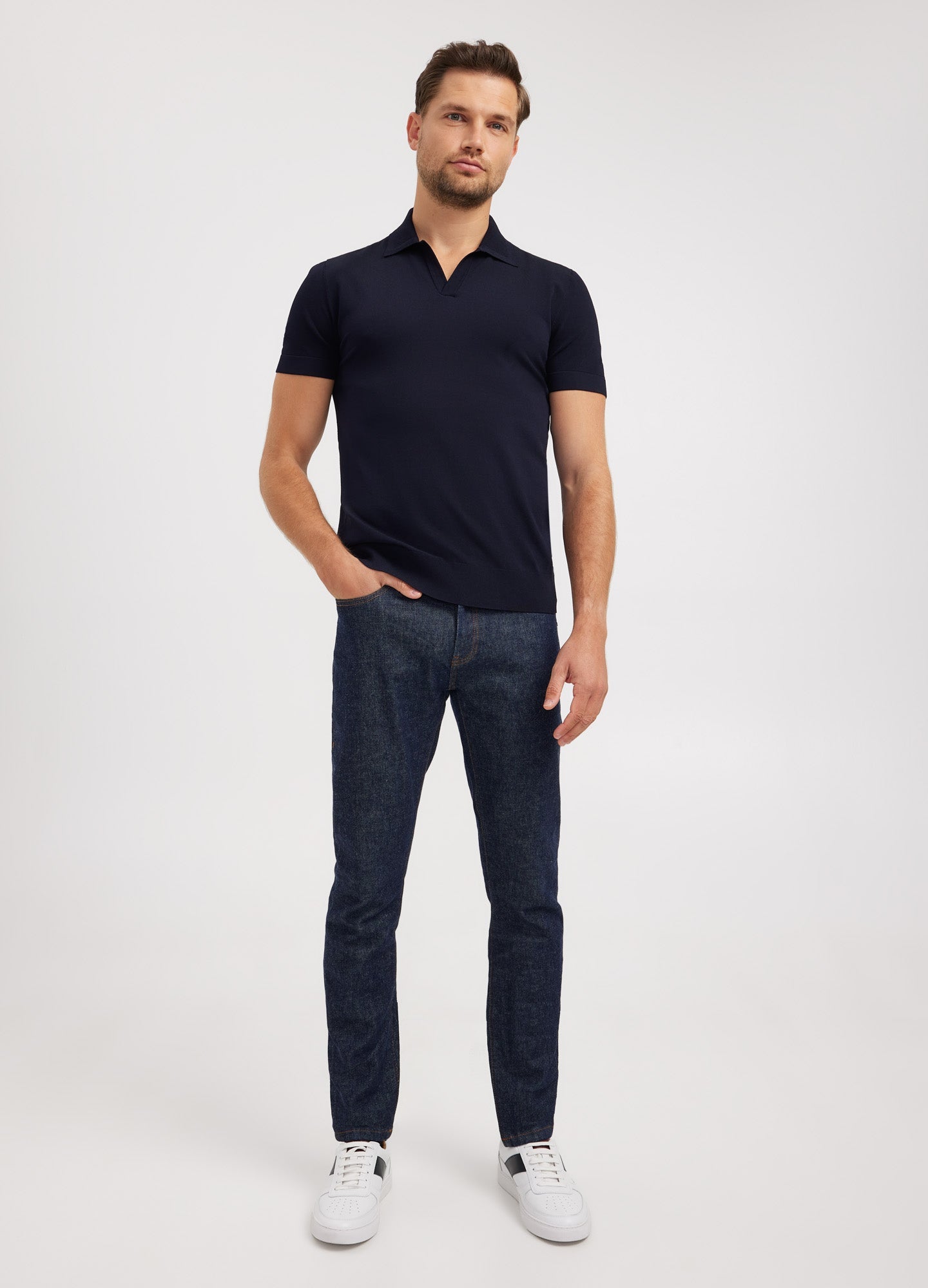 Polo in maglia tecnica con colletto a coste, blu navy e scuro