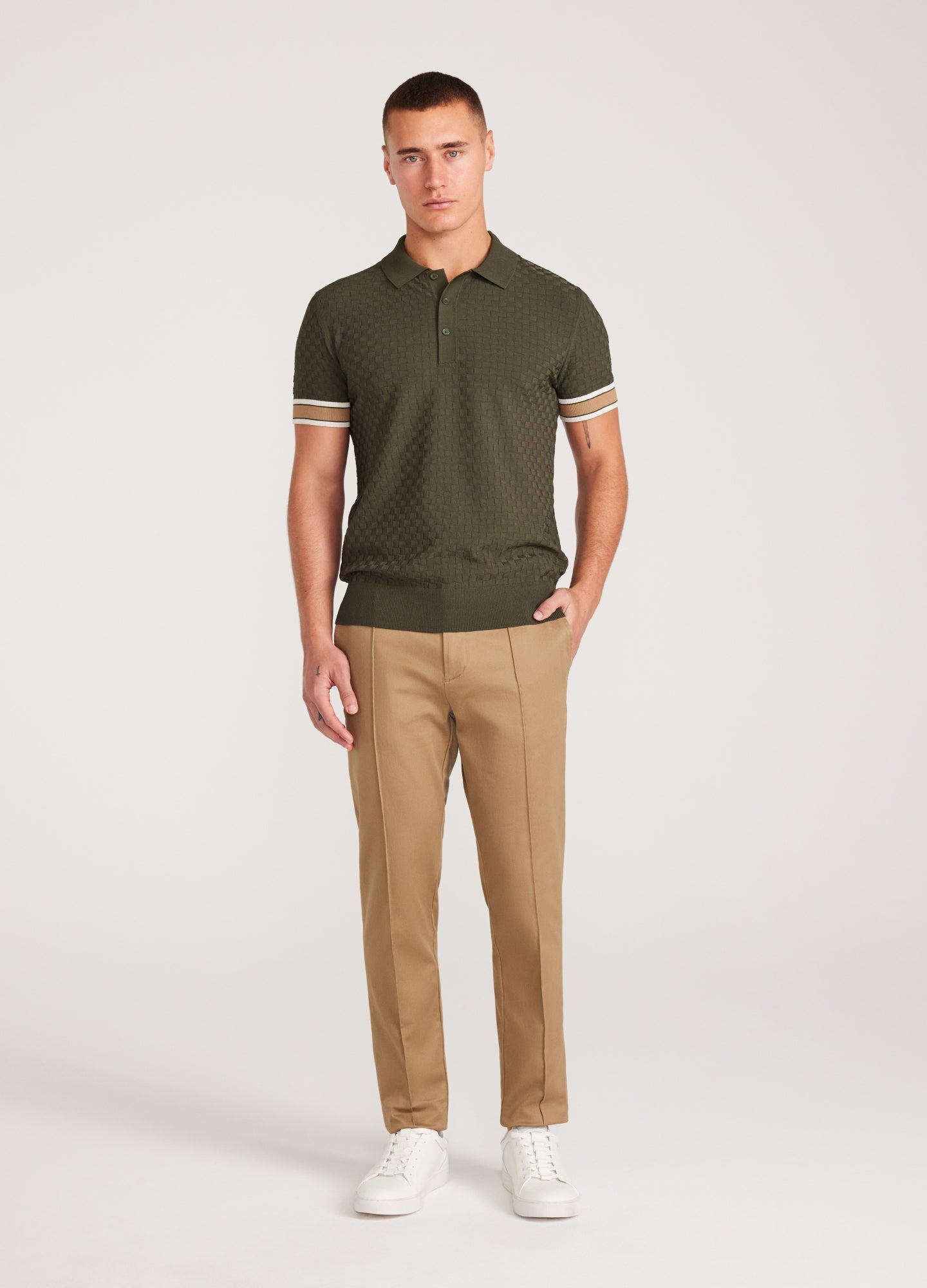 Striped Cuff Texture Knit Polo Olive