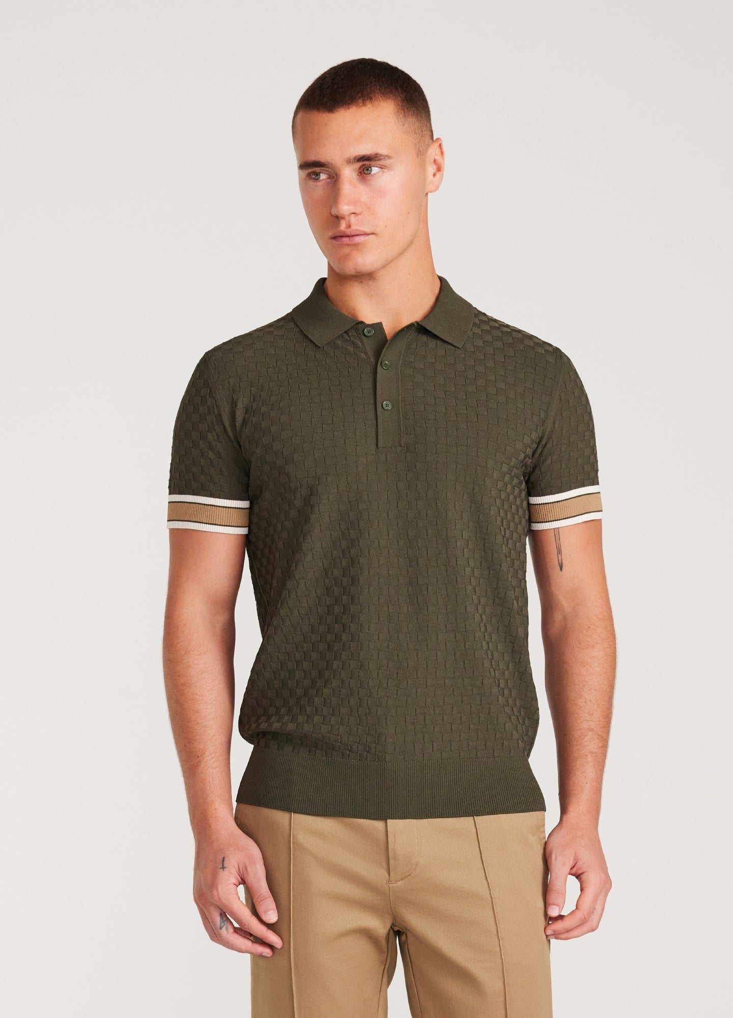 Striped Cuff Texture Knit Polo Olive