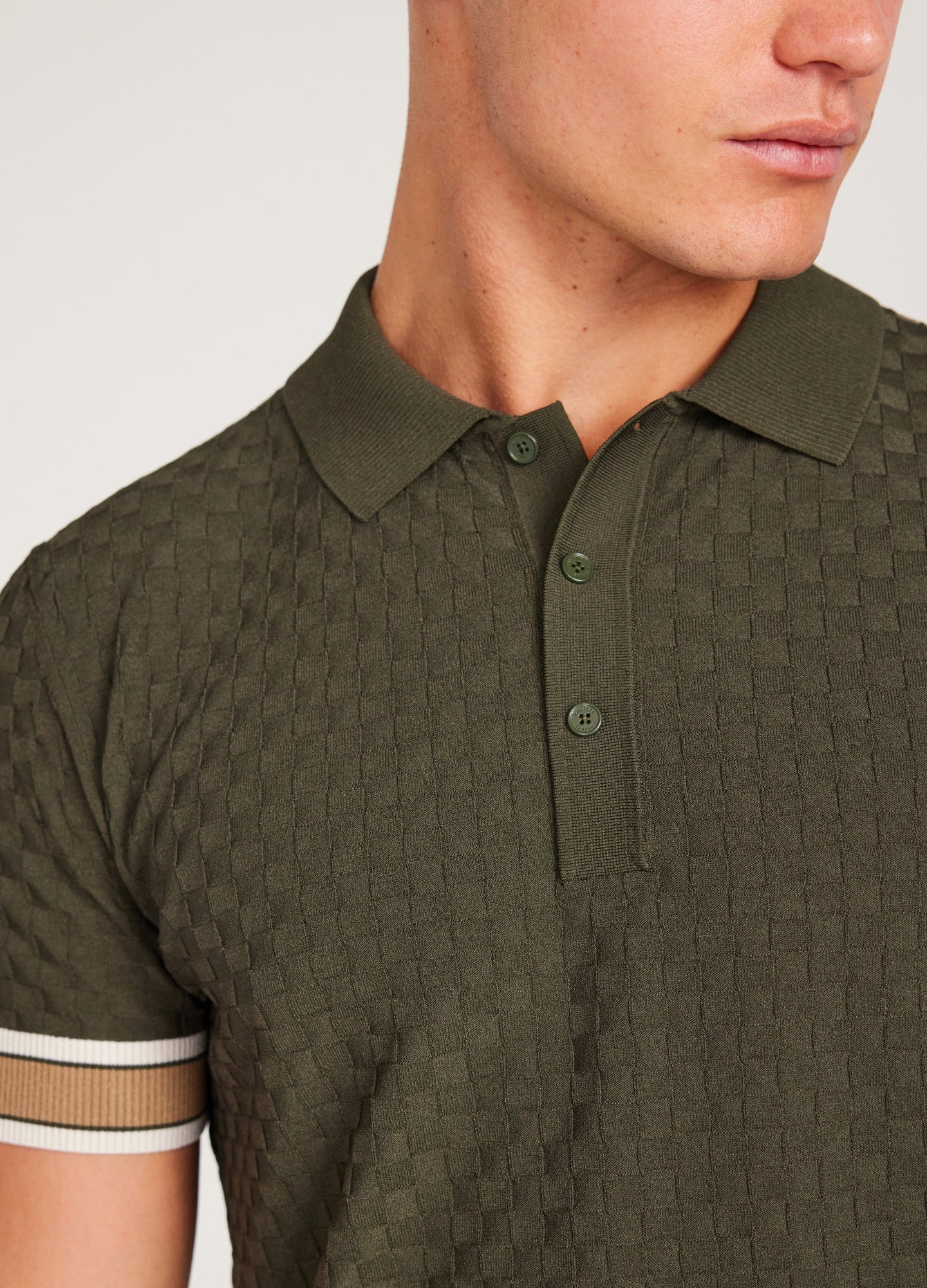 Striped Cuff Texture Knit Polo Olive