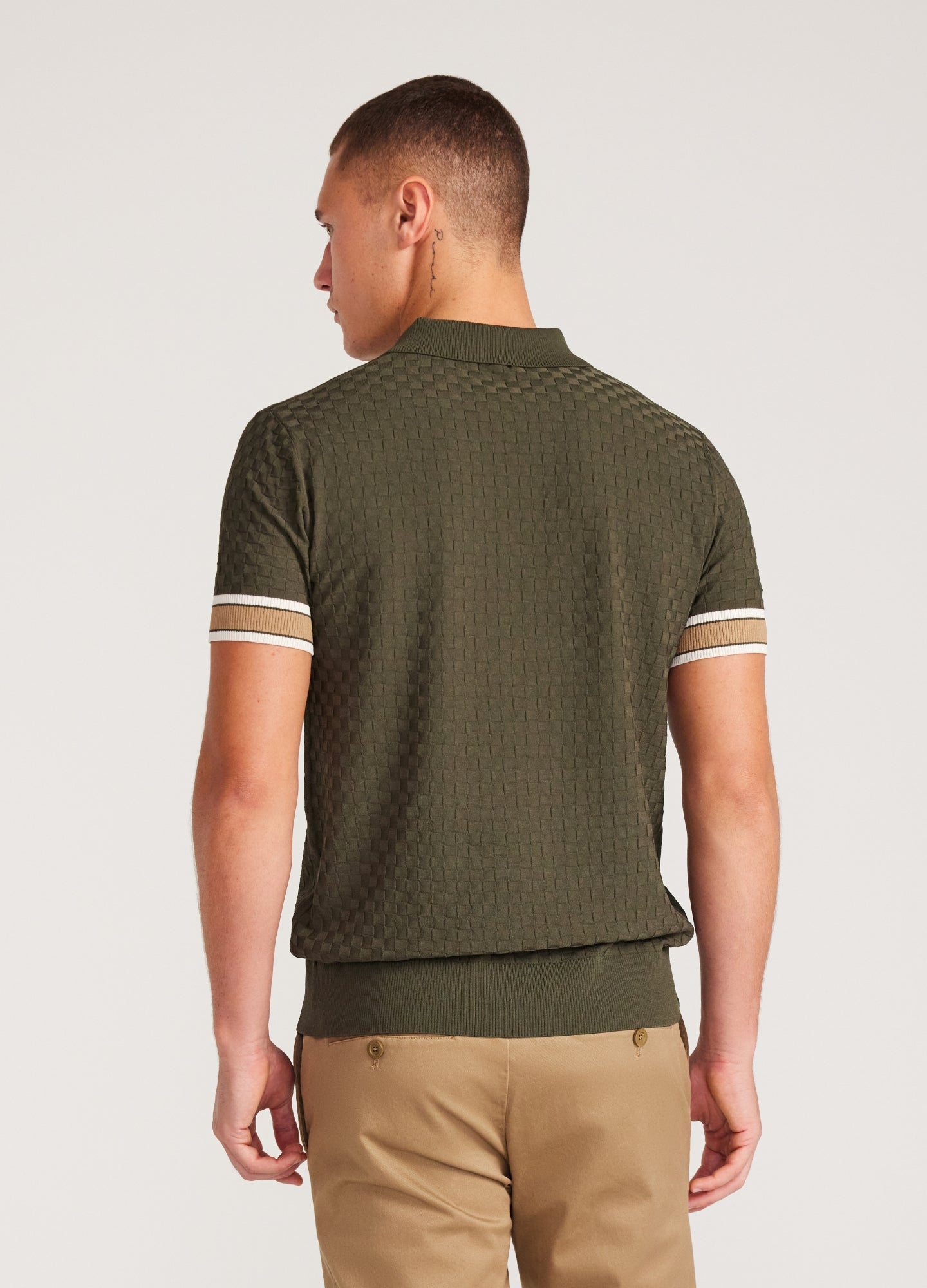 Striped Cuff Texture Knit Polo Olive