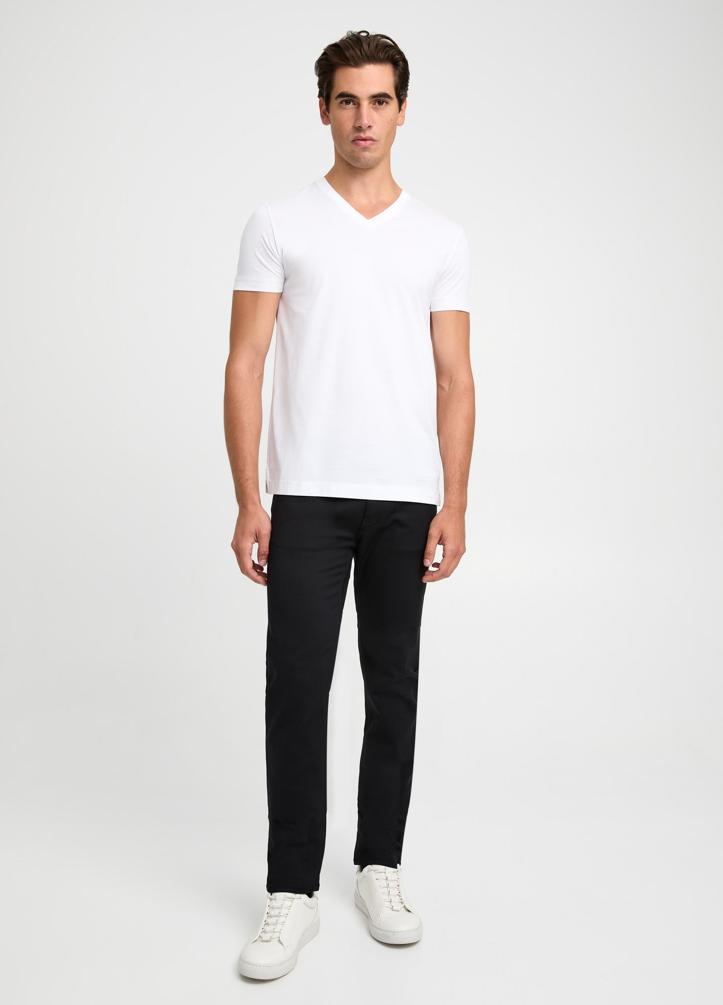 Mercerised Cotton Jersey V Neck T-shirt White