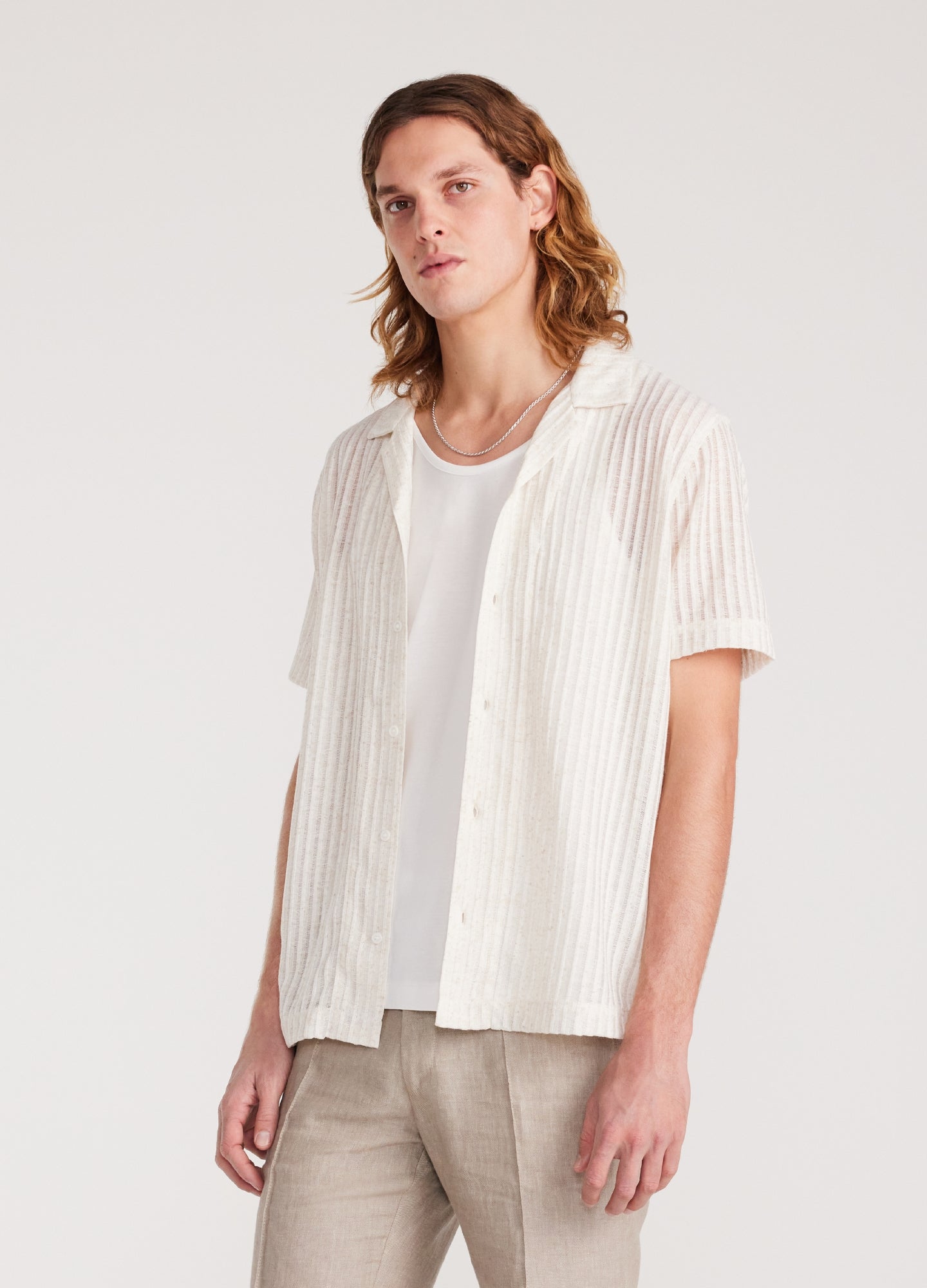 Striped Open Knit Short Sleeve Shirt Natural