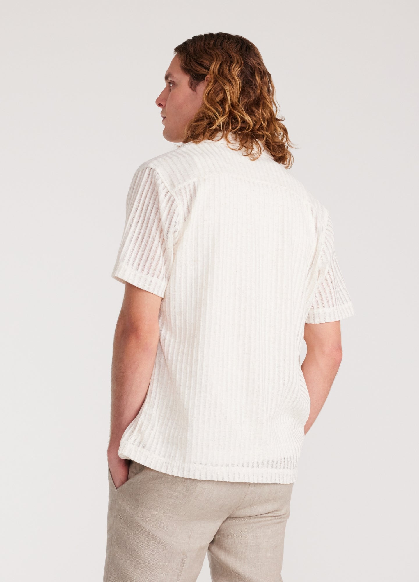 Striped Open Knit Short Sleeve Shirt Natural